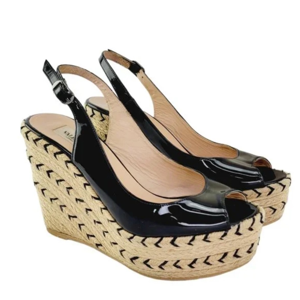 Authentic Valentino Shoe Patent Leather Sling Back Wedge Black Size EU38 (US7.5)